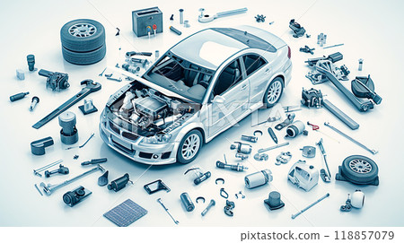 Illustration of disassembled car parts 118857079