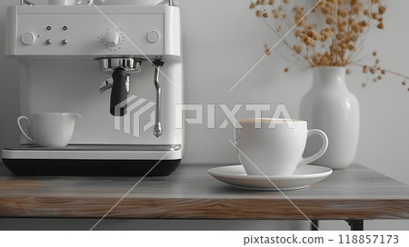 A coffee maker and cup of tea on a table, AI 118857173
