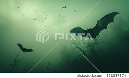 Two bats flying in the air over a forest with lots of trees, AI 118857174