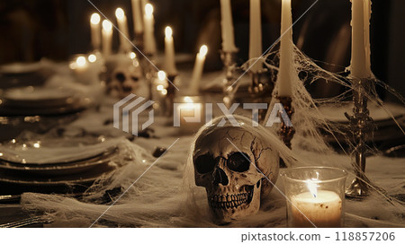 Candlelit Halloween dinner with skulls and cobwebs creating an intimate atmosphere. 118857206