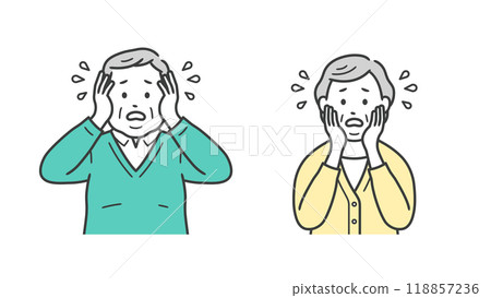 Upper body illustration of a troubled and impatient elderly chubby man and woman Upper body illustration of a troubled and impatient elderly chubby man and woman 118857236