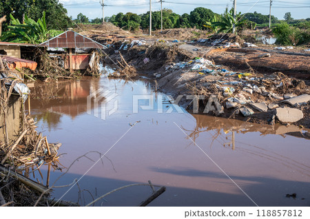 The village damaged after flooded by river during typhoon Yagi swept across Thailand. Typhoon Yagi, Asia's most powerful storm this year (2024). 118857812
