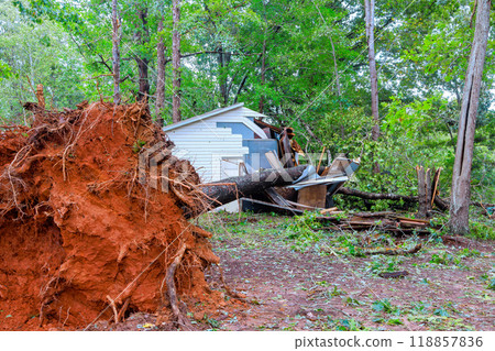 Storm hurricane caused trees uprooted by strong winds to fall broken on shed 118857836
