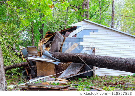 Shed was damaged when trees uprooted by strong winds fell on it during hurricane 118857838