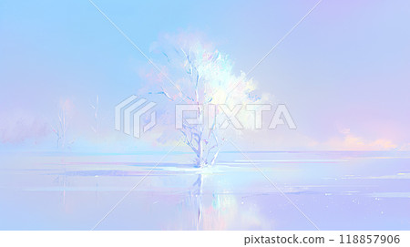 淡極光顏色的湖泊和樹木的插圖景觀，就像一幅柔和的繪畫 118857906