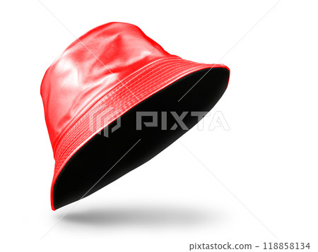 Red leather bucket hat isolated on white background. 118858134