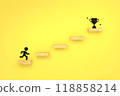 Yellow background image of a person climbing step by step towards a trophy 118858214