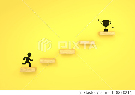 Yellow background image of a person climbing step by step towards a trophy 118858214