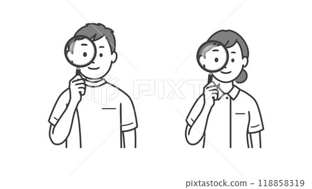 Upper body illustration of a male and female nurse holding a magnifying glass Upper body illustration of a male and female nurse holding a magnifying glass 118858319