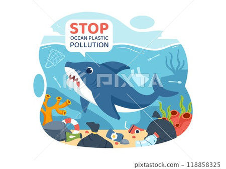 Stop Ocean Plastic Pollution Vector Illustration with Trash Under the Sea like a Waste Bags and Bottles, Harming the Ecosystem of Fish and Coral Reefs 118858325