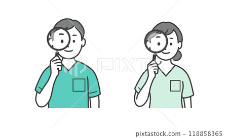 Upper body illustration of a male and female dentist holding a magnifying glass 118858365