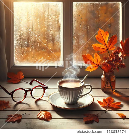 cup of coffee and autumn leaves on the window cup of coffee and autumn leaves on the window 118858374