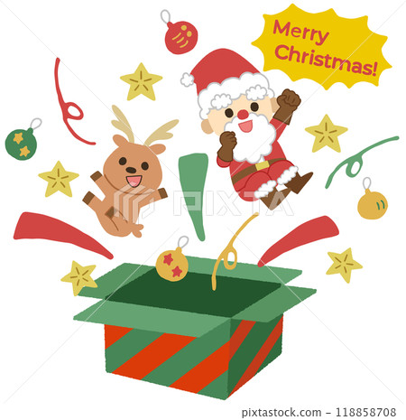 Illustration of Santa and reindeer jumping out of a Christmas gift box 118858708