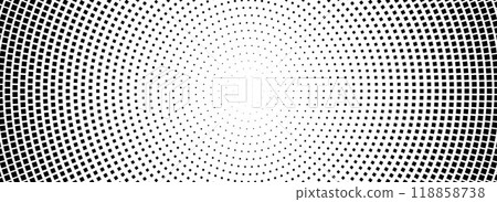 Halftone concentric dotted background. Square dots gradient texture. Radial fading comic gradation wallpaper. Black and white rough gritty overlay. Grunge circular monochrome pop art backdrop. Vector 118858738