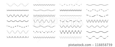 Dashed wave line set. Dotted dividers or separators design element collection. Broken wavy stroke pack for underline, emphasis, highlight. Repeated dash zigzag lines bundle. Vector Dashed wave line set. Dotted dividers or separators design element collection. Broken wavy stroke pack for underline, emphasis, highlight. Repeated dash zigzag lines bundle. Vector 118858739