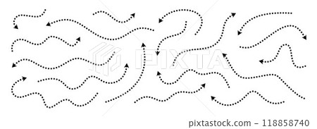 Black dotted thin arrows set. Wavy and curved dashed pointers collection. Wiggly sketchy direction lines. Dots squiggle stripe design elements bundle for flyer, poster, brochure. Vector 118858740