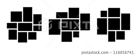 Image collage layout set. Black mosaic mood board grid collection. 7-9 picture composition arrangement. Photo album template for banner, poster, mockup, flyer, brochure, pamphlet, memory wall. Vector 118858741