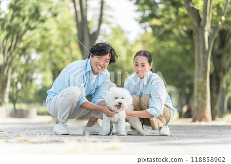 Couples walking their dogs, dog lovers, owners, pet sitters, families Couples walking their dogs, dog lovers, owners, pet sitters, families 118858902