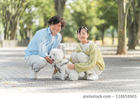 愛狗的家庭、父親、女兒、父母和孩子遛狗 118858903