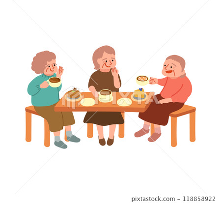 老年婦女在咖啡館喝茶的插圖 118858922