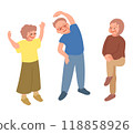Illustration of three seniors doing warm-up exercises Illustration of three seniors doing warm-up exercises 118858926