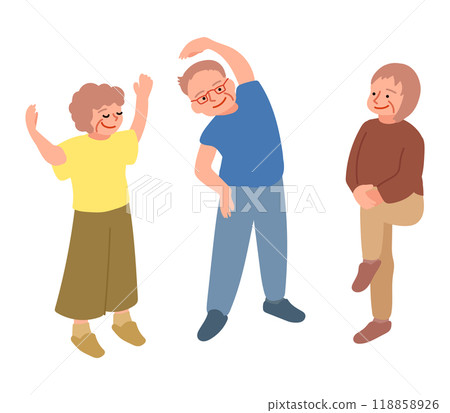 三位老年人做熱身運動的插圖 118858926
