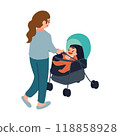 Illustration of a mother pushing a stroller Illustration of a mother pushing a stroller 118858928