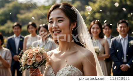 Happy bride at wedding ceremony. Generative AI	 118858951