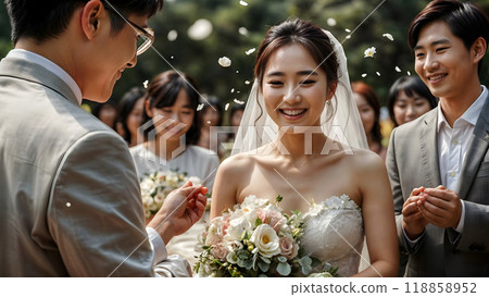 Happy bride at wedding ceremony. Generative AI	 118858952