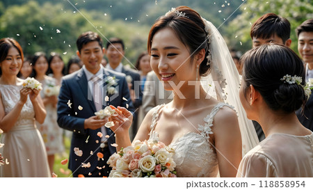 Happy bride at wedding ceremony. Generative AI	 118858954