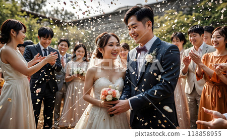 Happy bride at wedding ceremony. Generative AI	 118858955