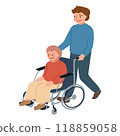 Illustration of a senior woman in a wheelchair and a man pushing the wheelchair Illustration of a senior woman in a wheelchair and a man pushing the wheelchair 118859058
