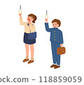 Illustration of male and female high school students holding on to a train strap Illustration of male and female high school students holding on to a train strap 118859059