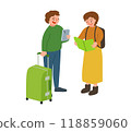 Illustration of a traveling couple looking at a smartphone and a map Illustration of a traveling couple looking at a smartphone and a map 118859060