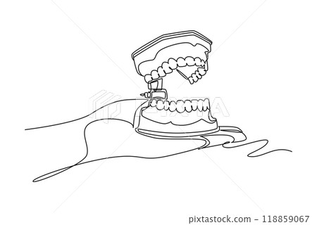 Single one line drawing of doctor or dentist hand holding anatomical complete adult human teeth set. Medical internal anatomy education concept. Continuous line draw design graphic vector illustration Single one line drawing of doctor or dentist hand holding anatomical complete adult human teeth set. Medical internal anatomy education concept. Continuous line draw design graphic vector illustration 118859067