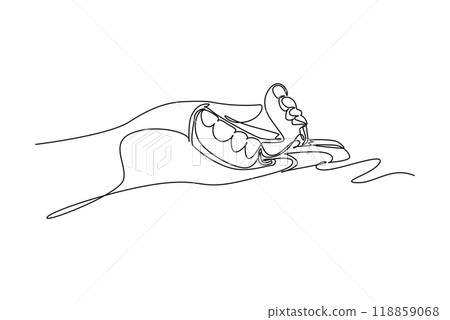 Continuous one line drawing dentist holds model of dental jaw in his hand. Anatomical adult human teeth. Medical internal anatomy education concept. Single line draw design vector graphic illustration Continuous one line drawing dentist holds model of dental jaw in his hand. Anatomical adult human teeth. Medical internal anatomy education concept. Single line draw design vector graphic illustration 118859068