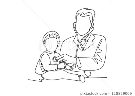 Continuous one line drawing male pediatric doctor examining heart beat of cute toddler boy patient with stethoscope. Medical health care treatment. Single line draw design vector graphic illustration 118859069