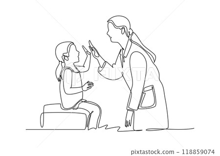 Continuous one line drawing female pediatric doctor invited cute baby toddler patient to play and follow her instruction. Medical treatment concept. Single line draw design vector graphic illustration Continuous one line drawing female pediatric doctor invited cute baby toddler patient to play and follow her instruction. Medical treatment concept. Single line draw design vector graphic illustration 118859074
