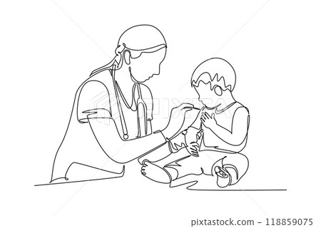 Continuous one line drawing of female pediatric doctor giving vaccine immunization injection to little boy patient. Medical health care treatment. Single line draw design vector graphic illustration 118859075
