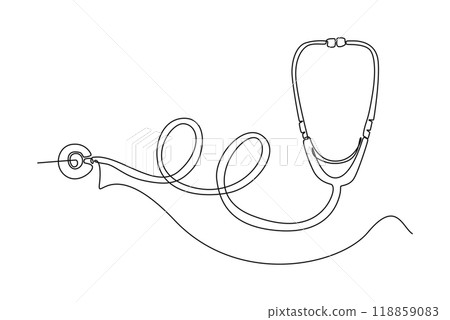 Single continuous line drawing stethoscope equipment for doctor examining patient heart beat condition. Medical health care service excellence concept. One line draw graphic design vector illustration 118859083