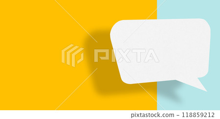 Empty speech balloon shape white paper isolated on yellow-light blue background communication bubbles. Empty speech balloon shape white paper isolated on yellow-light blue background communication bubbles. 118859212