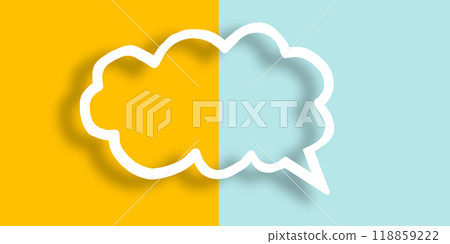 Empty transparent cloud paper speech bubble shape against yellow-light blue background. 118859222