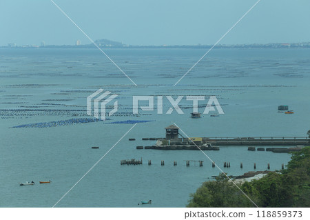 Oyster and mussel farm on the coast of Chonburi Province and there is a bridge leading into the sea. Oyster and mussel farm on the coast of Chonburi Province and there is a bridge leading into the sea. 118859373