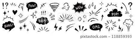 Comic boom cartoon effect line element set. Comic speech bubble pow, boom text, explosive splash smoke, wow cartoon vector icon. Hand drawn sketch doodle explosive element. Vector 118859393