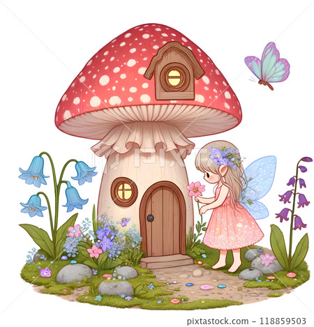 3d mushroom house with fairy  3d mushroom house with fairy  118859503