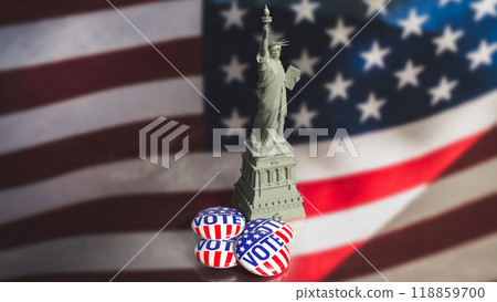 The brooch vote and statue of liberty on USA flag for U.S. presidential election  concept 3d rendering. 118859700