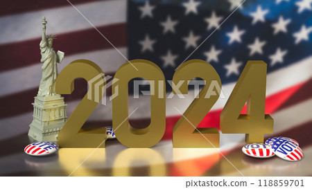 The brooch vote and statue of liberty on USA flag for U.S. presidential election  concept 3d rendering. 118859701