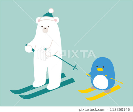 北極熊和企鵝滑雪。冬天, 北極熊, 北極熊, 冬季運動 北極熊和企鵝滑雪。冬天, 北極熊, 北極熊, 冬季運動 118860146