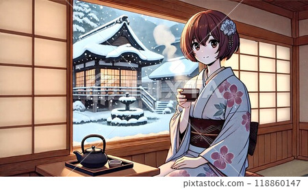 穿著和服的女人在雪景日式房間喝茶 穿著和服的女人在雪景日式房間喝茶 118860147
