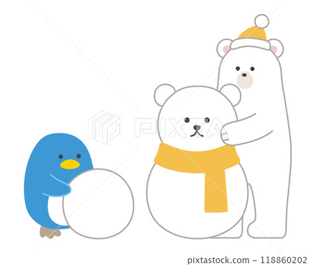 Vector illustration of a polar bear and penguin making a snowman. Winter, hat, polar bear, polar bear Vector illustration of a polar bear and penguin making a snowman. Winter, hat, polar bear, polar bear 118860202